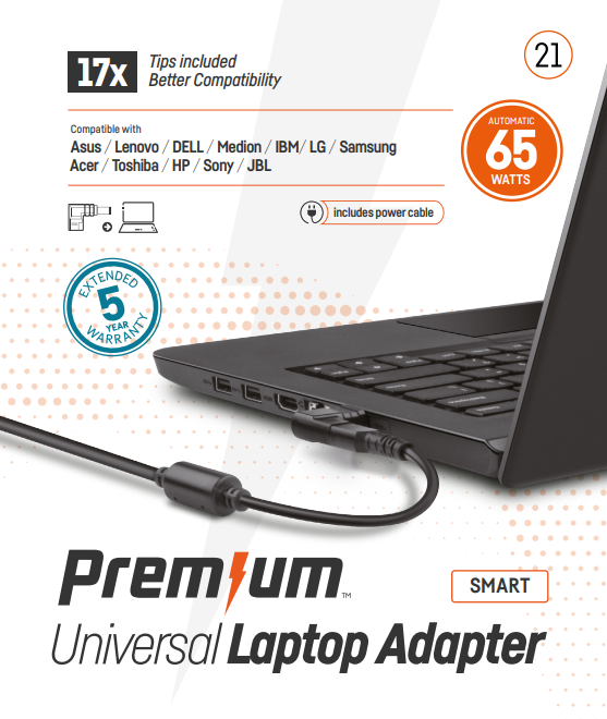 Premium Universele Laptopadapter 65W 17 Tips